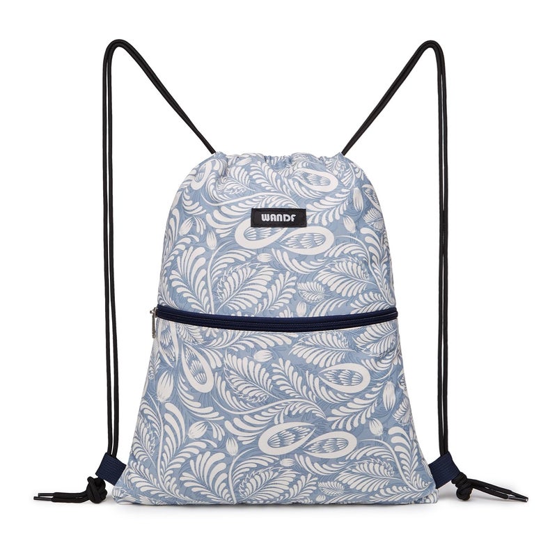 WANDF Drawstring Backpack String Bag Sackpack Cinch Water Resistant Nylon for Gym Shopping Sport Yoga (Light Blue Leaf with zipper) - Image 1